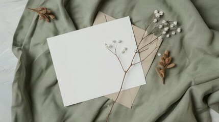 Canvas Print - Mockup of a blank greeting card invitation and envelope featuring a simple floral arrangement of dry flowers and branches captured in a flat lay style from a top view Perfect for creating h