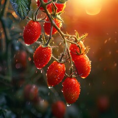 Vibrant close-up of dew-kissed Roma tomatoes on the vine in early morning sunlight. Garden freshness and healthy eating concept