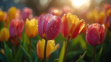   A Red And Yellow Tulip Field Bathed In Sunlight, Petals Gleaming With Water Droplets