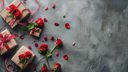 Capture the essence of Valentine s Day in a stunning flat lay arrangement featuring gifts and delicate rose buds placed artfully on a chic grey background This top view composition leaves r