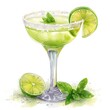 A watercolor painting of a margarita with a lime wedge and salt on the rim.