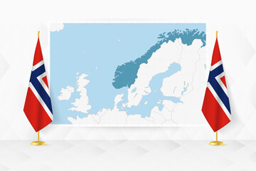 Wall Mural - Map of Norway and flags of Norway on flag stand.