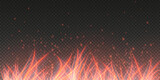 Fototapeta  - Burning hot sparks effect with embers burning ash and smoke flying in the air. Burning glowing particles. Flame of fire with sparks isolated on a black transparent background. Flame png.