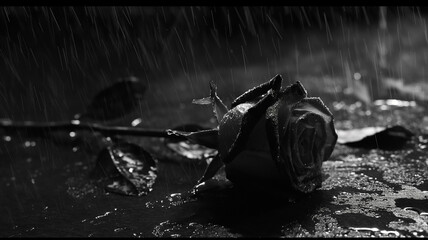 Black and white photography of the rainy rose, dark. Landscapes photography. Cinematic concept.