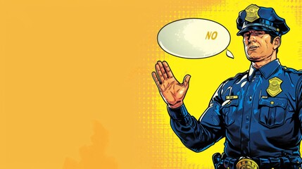 Vector illustration of police officer with hand gesture. Comic book.