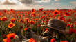 World War Remembrance Day Anzac Day Soldiers Cap and boots with poppy flowers 
