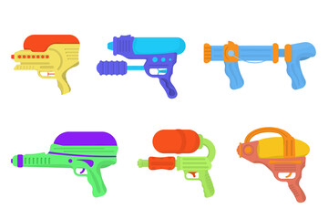 Wall Mural - PNG, Bright multi colored childrens toys. Cartoon kids toy weapons, water guns, pistols and blasters. Different toy gun flat vector illustration set. Plastic handguns and rayguns for summer games.