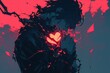 A silhouette of a person hunched over, clutching their chest with a shattered heart glowing within , close-up