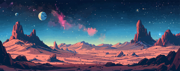 Wall Mural - a surreal lunar landscape with craggy rock formations and a star-filled sky overhead. vector flat mi