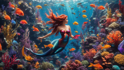 Wall Mural - A mermaid swimming in a coral reef with many colorful fish.

