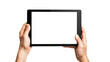human hand holding tablet with blank display screen, isolated on white or transparent png