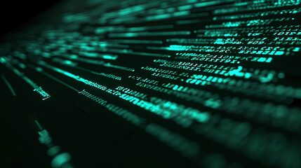 Wall Mural - Close-up of glowing green binary code on a dark background symbolizing data and technology