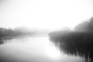 Fog in the lake. Morning nature water white fog.