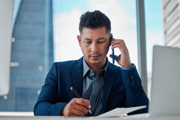 Poster - Phone call, business man and writing notes for deal, info or planning schedule reminder in corporate office. Smartphone, notebook and serious advisor talking for connection, listening or conversation