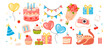Happy birthday holiday decorations set. cakes, candles, and baked goods on a white background. Perfect for cake decorating supplies and adding sweetness to your birthday parties