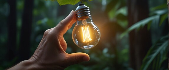 Outdoor Tropical senior travel and camping alone at natural park in Thailand. Recreation and journey outdoor activity lifestyle, Hand holding light bulb against nature on green leaf with energy source