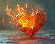 3D paper heart, damaged and singed, enveloped in flames, symbolizing fragile love consumed by fire, isolated on clean background