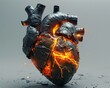 3D rendering of a damaged heart, fractures glowing with fire, intense emotional turmoil, isolated on clean background, 3D render