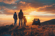 Family Watching Sunset by Off-Road Vehicle in Nature