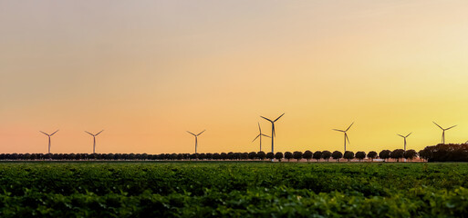 Technology landscape, Wind turbines power station wind farm from Netherlands, wind turbines field among Potatoes farm, sustainable renewable energy source from natural wind concept.