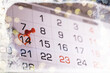 Valentines day. Calendar for with circled date february 14. snow background, valentine's day concept
