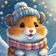 Color drawing portrait of a cute happy hamster dressed in a knitted hat and scarf in winter.