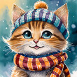 Color drawing portrait of a cute kitty dressed in a knitted hat and scarf in winter.