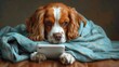 Companion dog laying under a blanket, peeking at a cell phone with liver nose