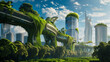 A cityscape with many buildings. The buildings are covered in plants and trees, giving the impression of a futuristic, eco-friendly city. Scene is one of innovation