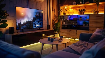 Cozy scandinavian stlye living room with home entertainment center at night