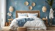© Rosie - Front view of modern bedroom interior in nautical marine style with blue decorative stucco wall wicker furniture ceiling wooden lamps white soft bed