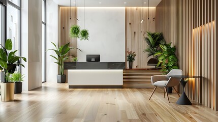 Wall Mural - interior design for reception area in modern style with plant chair table and many props on wood floor and white wall