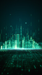 Poster - Digital cityscape abstract background, Abstract visualization of a cityscape rendered in neon green digital lines, Smart city technology and urban data networks. 3d rendering