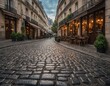 Romantic Parisian street with cobblestones and quaint cafes
