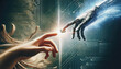 Human hand reaching towards a robotic hand in a digital world, microchip transfer, dark background of the data network.