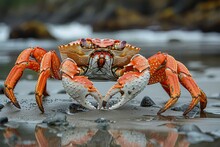 A Vivid Sally Lightfoot Crab Stands Alert On The Sandy Shore, Showcasing Its Bright Colors And Detailed Exoskeleton