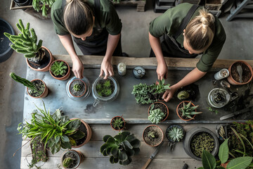 Two florists working on potted plants