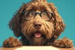 A shaggy brown dog with glasses sitting at an office desk, with a surprised expression on his face, mouth open and eyes wide in amazement as he looks down to the blank sheet of paper