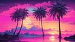 A pink and blue retro landscape of palm trees and a city skyline at sunset with a pink sea.

