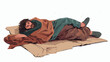 Homeless man dressed in ragged clothes lying on cardb