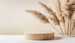Earthy Aura: Wooden Podium Showcase with Fuzzy Grass Accents
