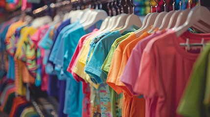 Wall Mural - Apparel cloth Colorful t-shirts on hangers,Hangers with bright clothes as background  closeup,Colorful clothes hanging on a wooden rail on blurry background
