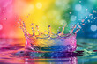 Abstract colorful liquid water splash on rainbow background	
