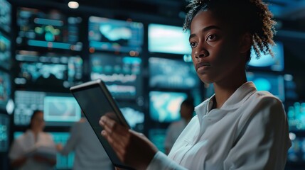 Young Multiethnic Male Government Employee Uses Laptop Computer in System Control Monitoring Center. In the Background His Coworkers at Their Workspaces with Many Displays Showing Technical Data.