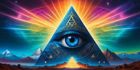 Blue eye of providence on colourful background