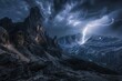 Mountain Lightning Strike. Powerful Thunderstorm in the Dark Mountain Night. Bright Lightning and Skittish Rain in Epic Scene