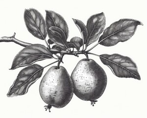 Vintage Pear Botanical Engraving Illustration on White Background - Branch, Fruit, and Leaves in Detailed Drawing