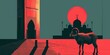 A stylized ram stands before an Islamic arch and mosque silhouette with a red sun.