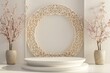 © Larisa - Elegant 3d podium with ornate Arabic style frame and cherry blossoms in vases.