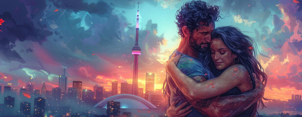 Wall Mural - A painting depicting the sensual embrace of a strong man and a woman against the backdrop of a city landscape. Love and weariness from the adventures they have experienced are visible on their faces.